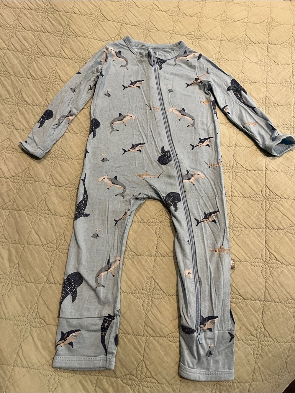 KYTE Baby bamboo fabric baby jumpsuit in Shark print; 12-18 months
